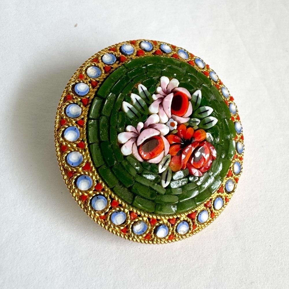 Vintage Micro Mosaic Brooch Green Rose Pin Signed Italy Italian Florentine - Picture 4 of 10